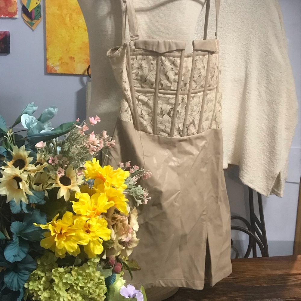 Baby Pink brand Taupe Lace-Trim pleather mini dress with Front Zip